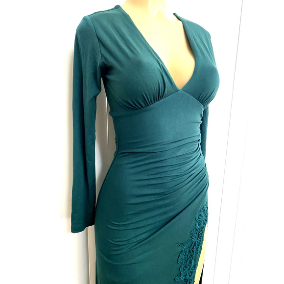 NWT SKY Dress V Neck Long Sleeve Maxi A line Ruched Green Long Slit Knit XS - Picture 5 of 9
